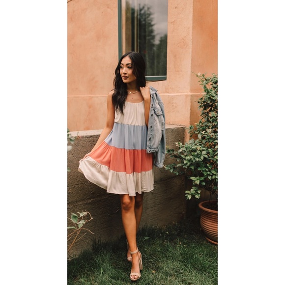 143 Story Color Block Tiered Mini Dress in Tan, Blue and Orange, Size Large - Picture 3 of 7